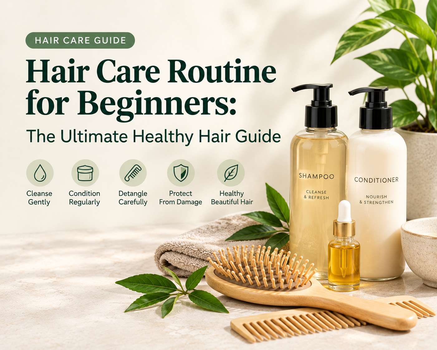 Essential hair care products including shampoo, conditioner, and a hairbrush for a beginner hair care routine