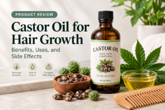 Castor oil bottle with castor seeds, oil, and a wooden comb for hair care
