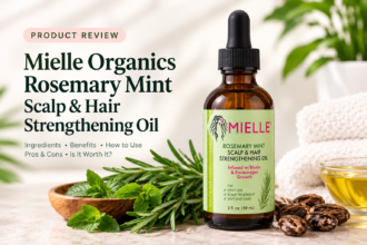 Mielle Organics Rosemary Mint Scalp and Hair Strengthening Oil bottle with fresh rosemary and mint