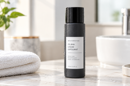 Paula’s Choice 2% BHA Liquid Exfoliant bottle displayed on a bathroom counter beside a white towel.