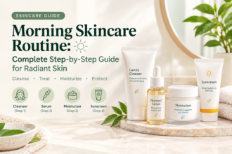 Morning skincare essentials including facial cleanser, moisturizer, serum, and sunscreen