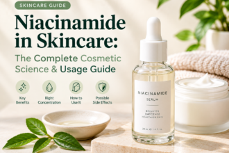 Niacinamide serum bottle beside moisturizer and botanical leaves