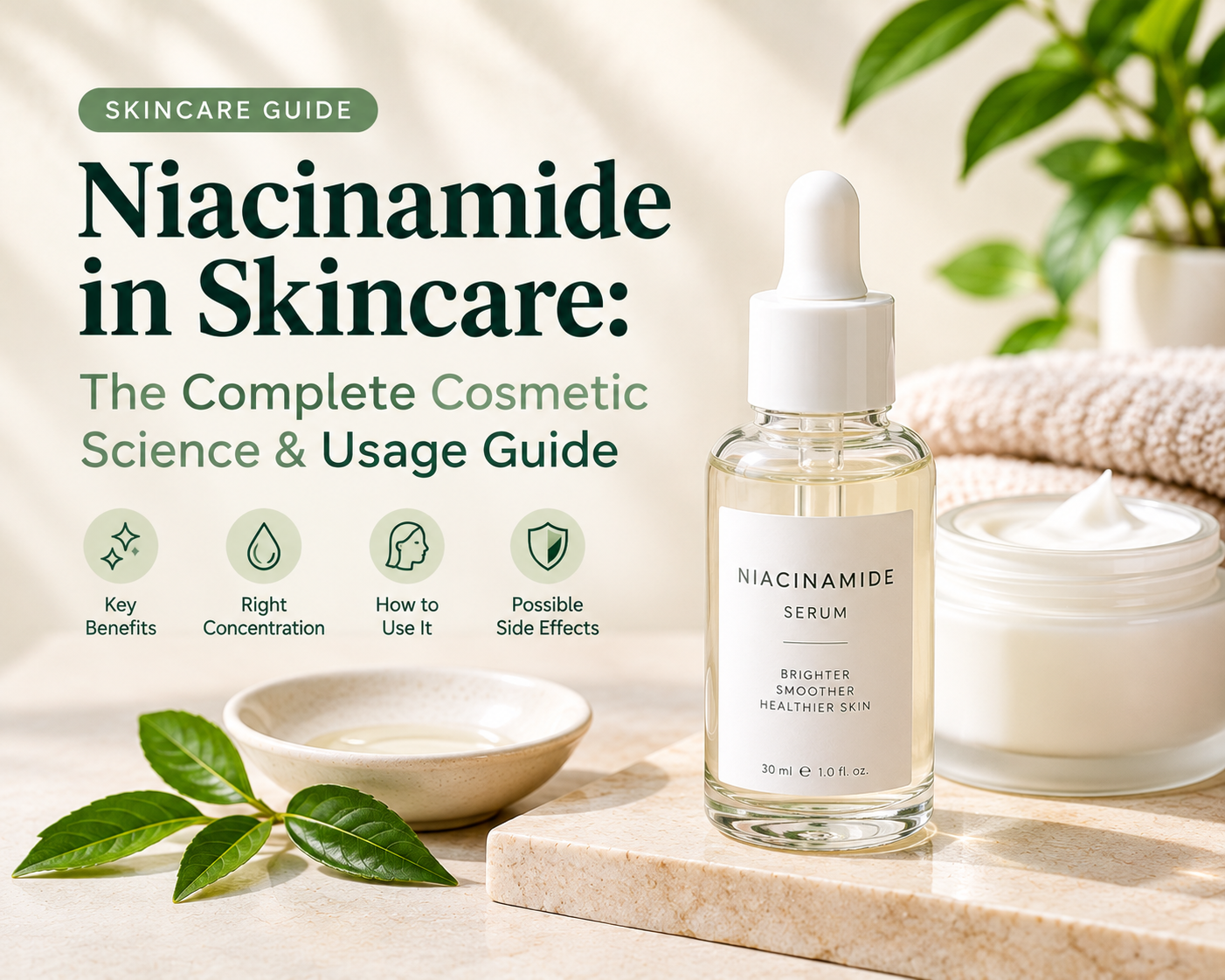 Niacinamide serum bottle beside moisturizer and botanical leaves