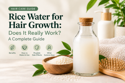 Rice water in a glass bottle beside uncooked rice and a wooden hairbrush