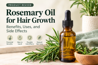 Rosemary oil bottle with fresh rosemary sprigs for hair care
