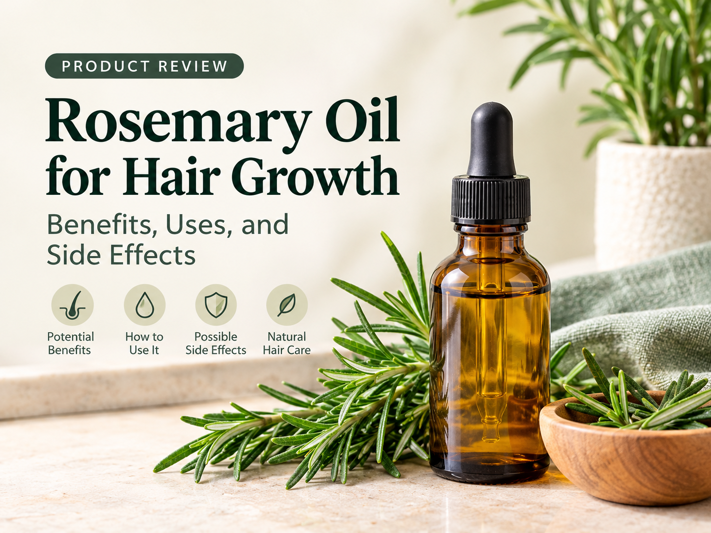 Rosemary oil bottle with fresh rosemary sprigs for hair care