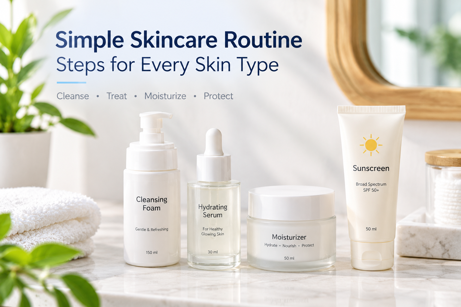 Simple skincare routine featuring cleanser, hydrating serum, moisturizer, and SPF 50 sunscreen on a bright bathroom counter.