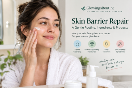 Woman applying moisturizer as part of a gentle skin barrier repair routine