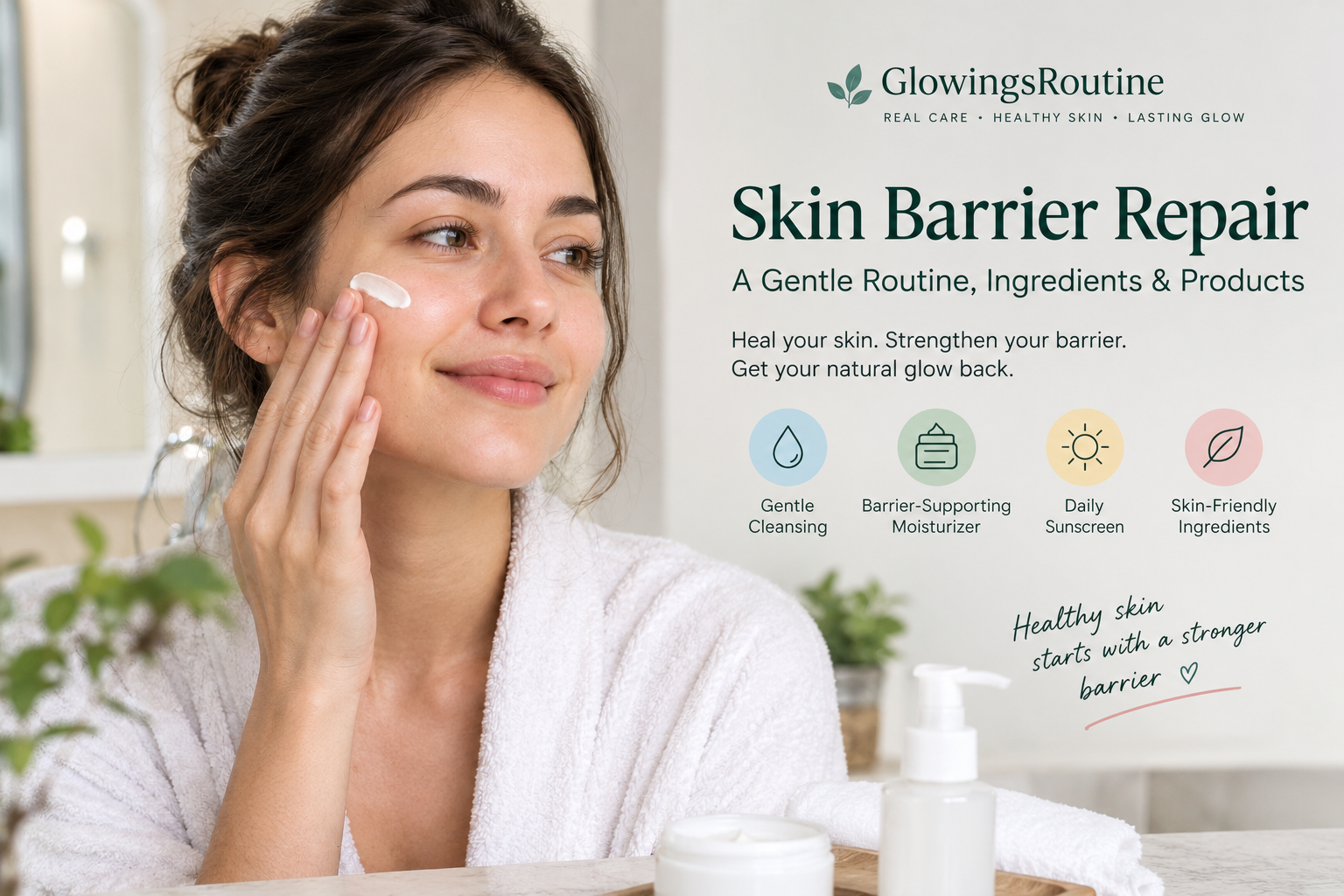 Woman applying moisturizer as part of a gentle skin barrier repair routine