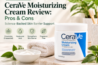 CeraVe Moisturizing Cream jar beside skincare essentials on a cream-colored surface