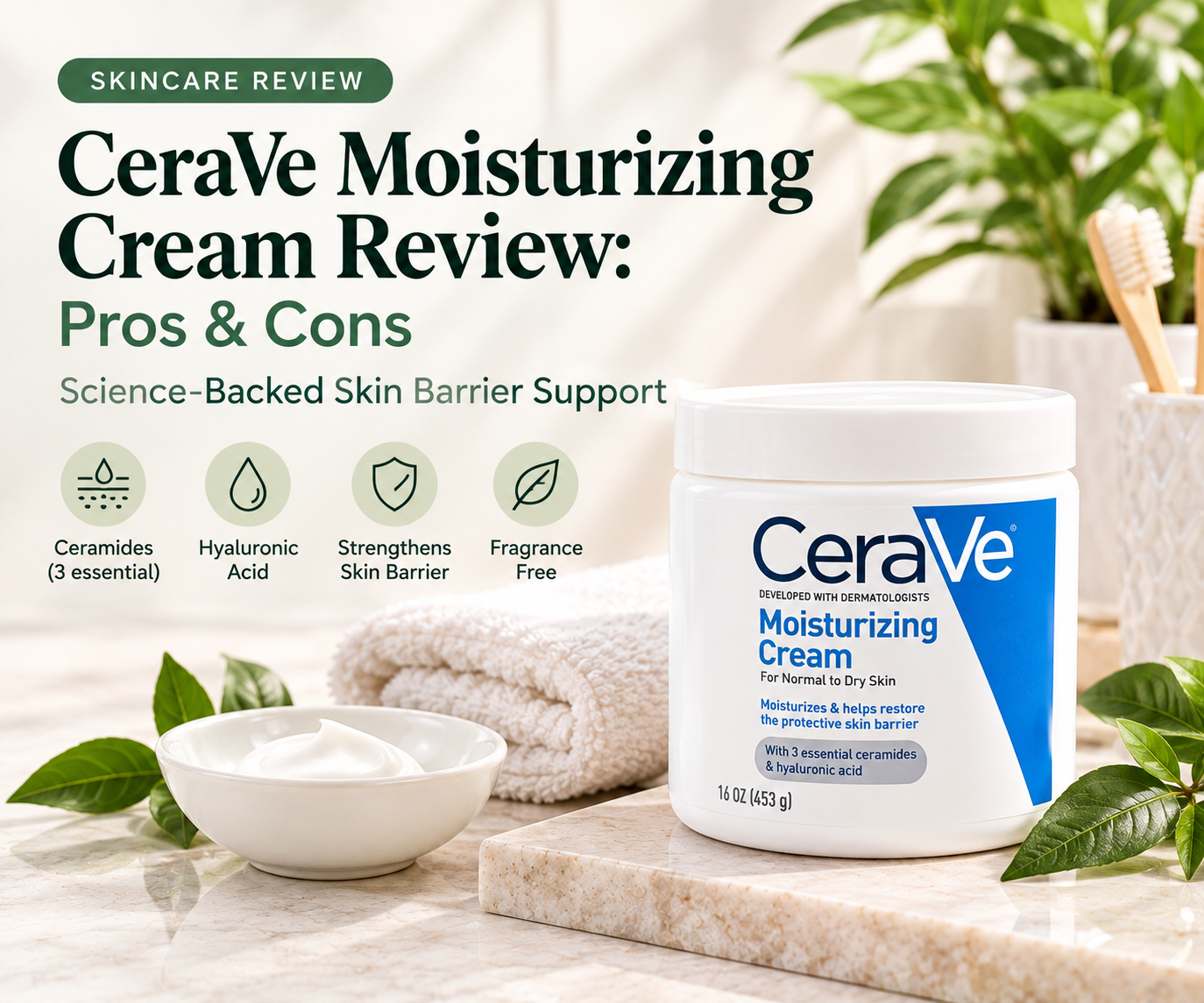 CeraVe Moisturizing Cream jar beside skincare essentials on a cream-colored surface