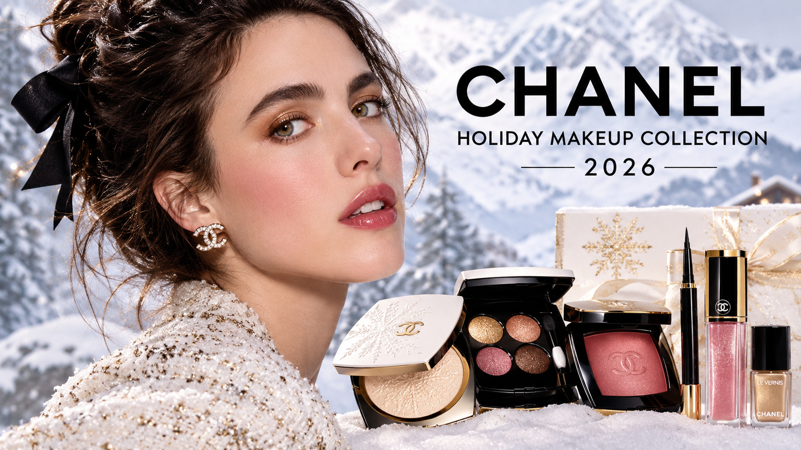 Chanel Holiday 2026 makeup collection featuring golden eyeshadow, rosy blush and winter-inspired beauty products