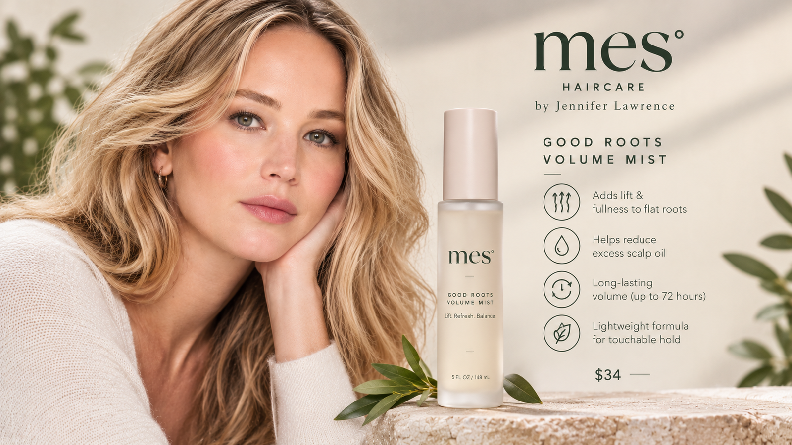 Jennifer Lawrence-inspired beauty portrait with mes° Good Roots Volume Mist