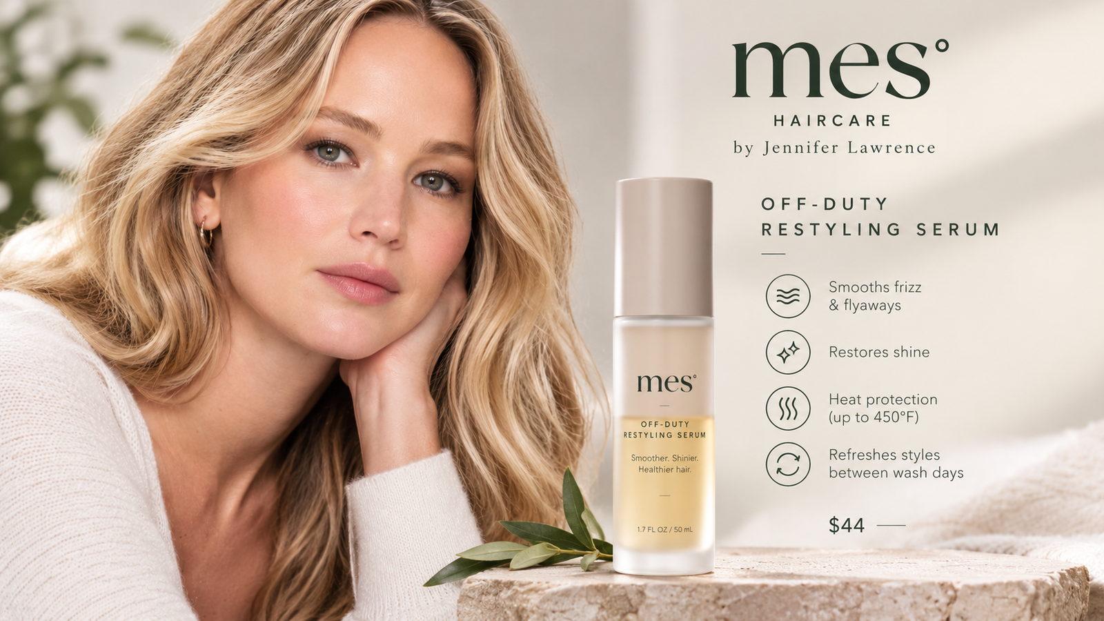 Jennifer Lawrence-inspired beauty portrait with mes° Off-Duty Restyling Serum