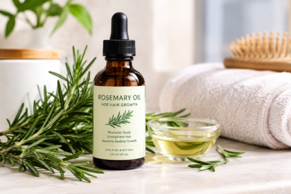 Rosemary oil bottle with fresh rosemary sprigs for hair care