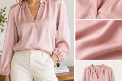 Quince pink washable silk split-neck blouse styled with cream trousers