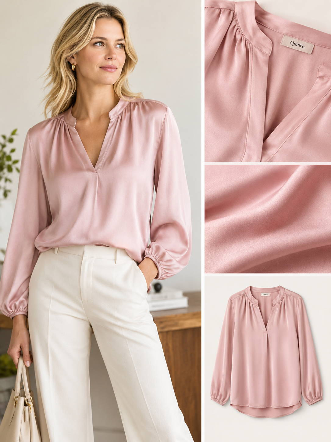 Quince pink washable silk split-neck blouse styled with cream trousers